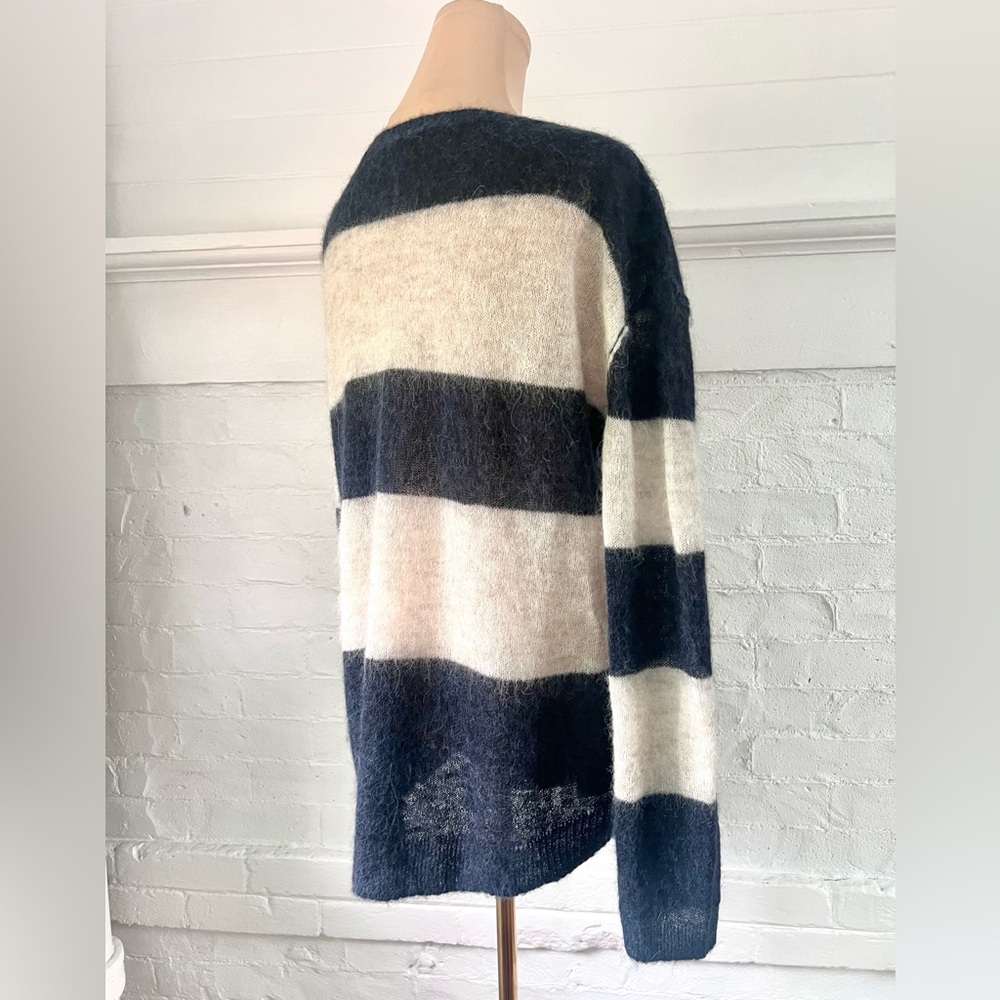 Pam And Gela Alpaca Blend Blue and Cream Striped Sweater Relaxed Fit Bateau Neck - Picture 6 of 11